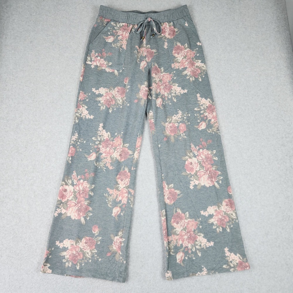 Studio 253 Lounge Pants Womens Medium Gray Pink Floral Drawstring Waist Wide Leg